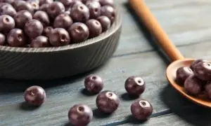 Misternie ułożone owoce acai w misie i na drewnianej łyżce. Zastanawiasz się acai co to? To te ciemne, zdrowe jagody!