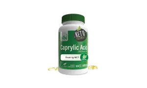 Biała butelka z zieloną nakrętką, zawierająca suplement diety Kwas Kaprylowy (Caprylic Acid) w kapsułkach.