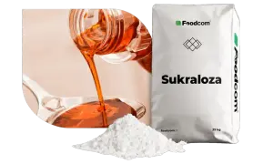 Płynna i proszkowa sukraloza obok worka z napisem "Sukraloza". Czy jest szkodliwa?