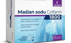 Maślan sodu Colfarm 1800 – wsparcie dla jelit, łagodzi objawy IBS, biegunki i zaparcia. Opakowanie 60 tabletek.