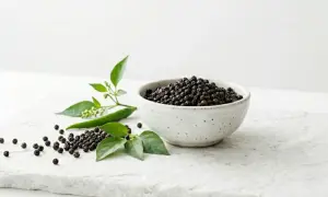 Ziarna pieprzu czarnego w miseczce i rozsypane na kamiennej desce, obok gałązka z liśćmi i zielonym chili. To właśnie piperyna nadaje pieprzowi ostrość.