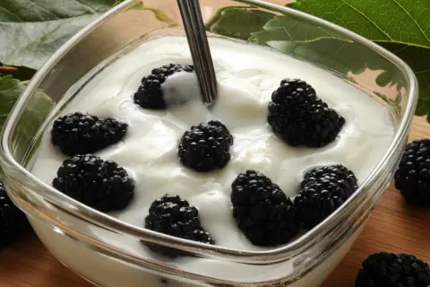 Pyszny jogurt z owocami morwy. Słodkie, soczyste owoce morwy pływają w kremowym jogurcie, tworząc idealne połączenie smaków.