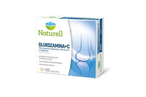 Opakowanie suplementu diety Naturell Glukozamina+C, zawierające 100 tabletek, wspiera prawidłowe funkcjonowanie chrząstki stawowej.
