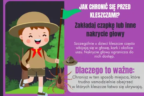 Zuch w lesie, jak chronić się przed kleszczami? Załóż czapkę, by chronić głowę i kark przed tymi pajęczakami.