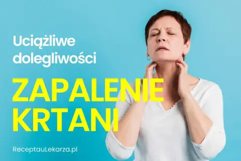 Kobieta z zamkniętymi oczami i rękami na szyi, odczuwająca drapanie w gardle z powodu zapalenia krtani.