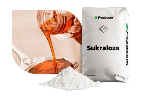 Płynna i proszkowa sukraloza obok worka z napisem "Sukraloza". Czy jest szkodliwa?