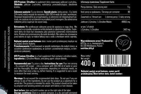 Suplement diety KFD Premium Citrulline zawiera jabłczan L-cytruliny. Cytrulina co daje? Wspiera regenerację i wydolność. 400g.