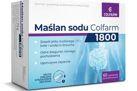 Maślan sodu Colfarm 1800 – wsparcie dla jelit, łagodzi objawy IBS, biegunki i zaparcia. Opakowanie 60 tabletek.