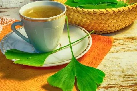 A filiżanka herbaty z miłorzębu japońskiego, liście miłorzębu w koszyku i na talerzyku.