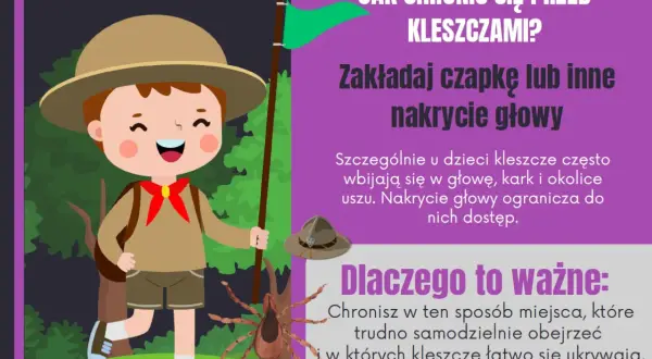 Zuch w lesie, jak chronić się przed kleszczami? Załóż czapkę, by chronić głowę i kark przed tymi pajęczakami.