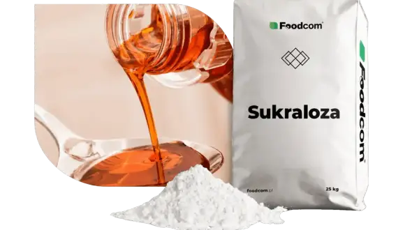 Płynna i proszkowa sukraloza obok worka z napisem "Sukraloza". Czy jest szkodliwa?