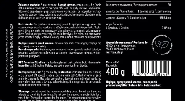 Suplement diety KFD Premium Citrulline zawiera jabłczan L-cytruliny. Cytrulina co daje? Wspiera regenerację i wydolność. 400g.