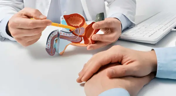 Lekarz omawia z pacjentem model układu moczowo-płciowego, wskazując na obszar prostaty, co może dotyczyć problemów z zapaleniem prostaty.