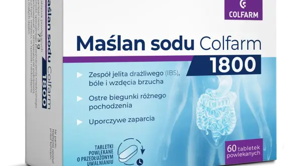 Maślan sodu Colfarm 1800 – wsparcie dla jelit, łagodzi objawy IBS, biegunki i zaparcia. Opakowanie 60 tabletek.