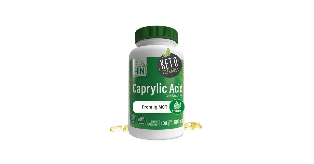 Biała butelka z zieloną nakrętką, zawierająca suplement diety Kwas Kaprylowy (Caprylic Acid) w kapsułkach.