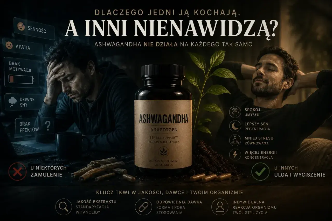 Ashwagandha co daje? Spokój umysłu, lepszy sen, mniej stresu, więcej energii. Ale u niektórych może powodować zamulenie.