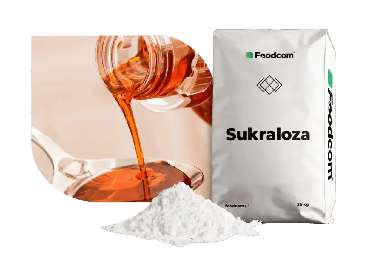 Płynna i proszkowa sukraloza obok worka z napisem "Sukraloza". Czy jest szkodliwa?