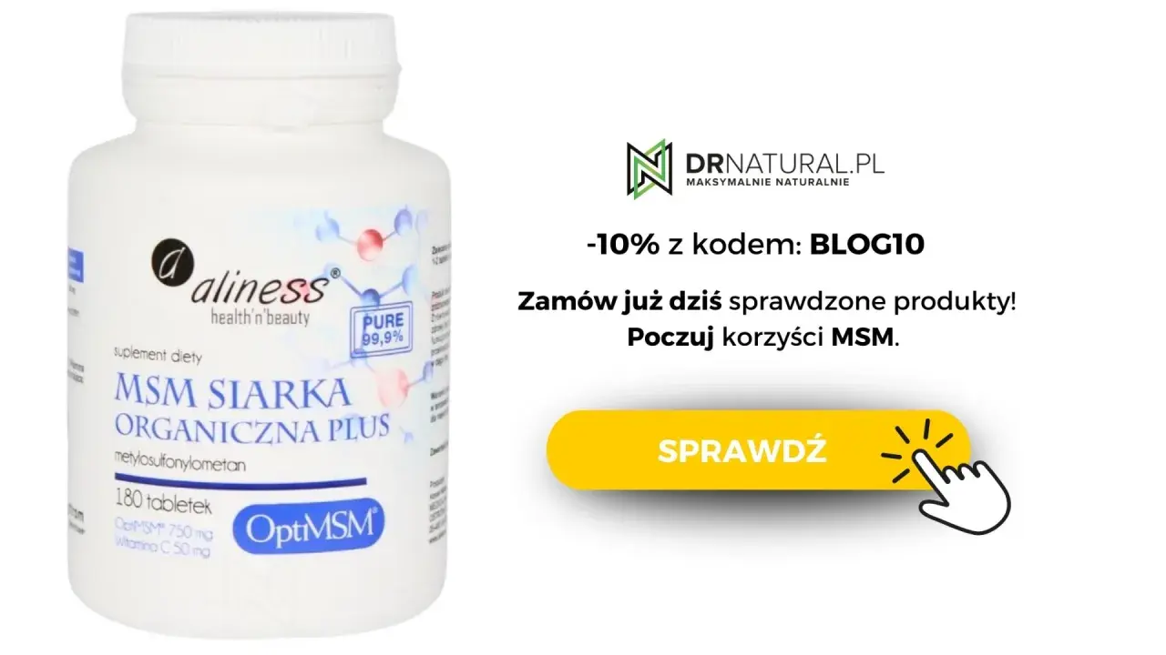 Suplement diety Aliness MSM Siarka Organiczna Plus, 180 tabletek. Poznaj optymalne msm dawkowanie i poczuj korzyści. -10% z kodem BLOG10.