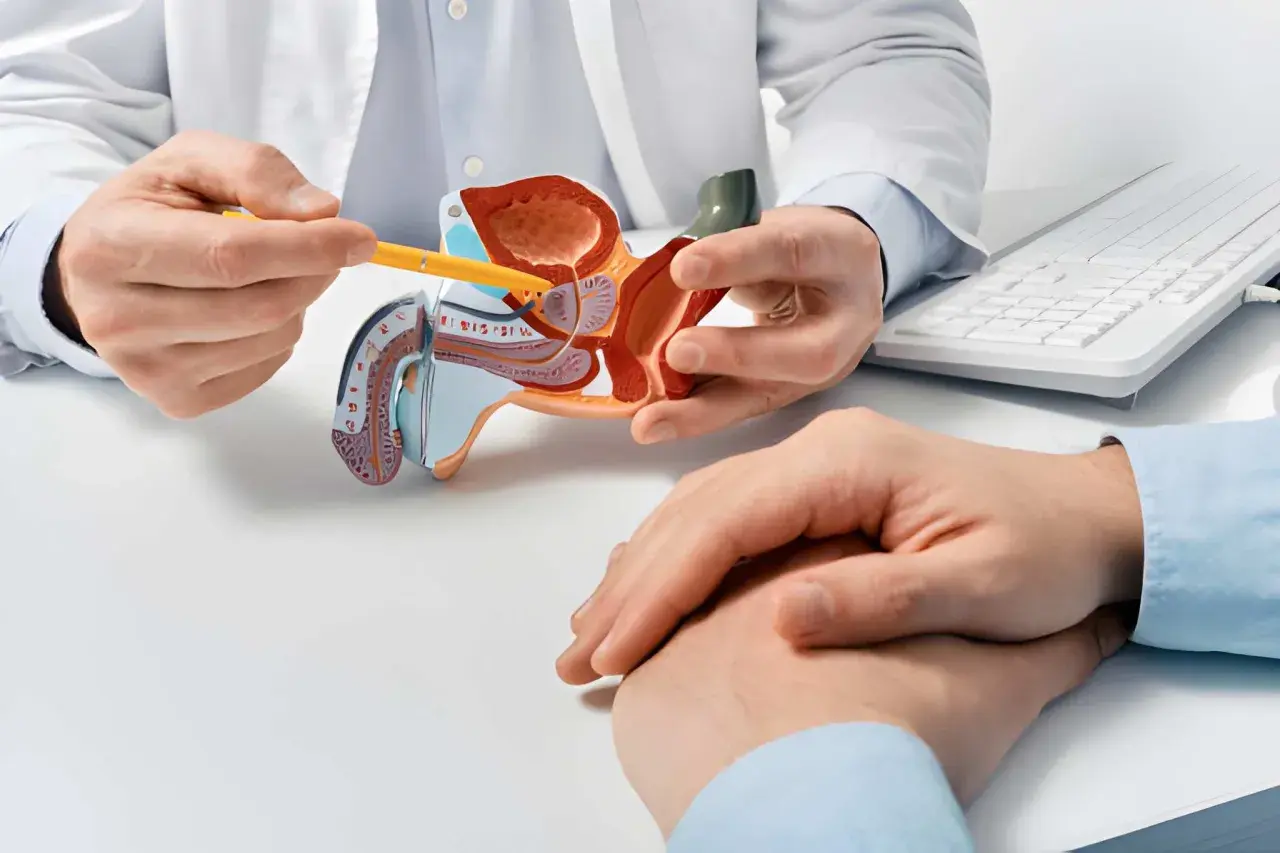 Lekarz omawia z pacjentem model układu moczowo-płciowego, wskazując na obszar prostaty, co może dotyczyć problemów z zapaleniem prostaty.