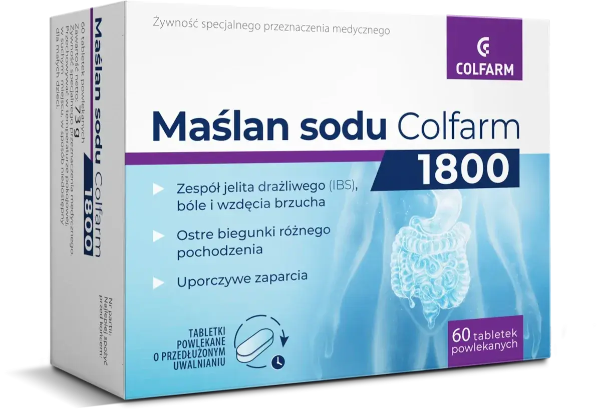 Maślan sodu Colfarm 1800 – wsparcie dla jelit, łagodzi objawy IBS, biegunki i zaparcia. Opakowanie 60 tabletek.