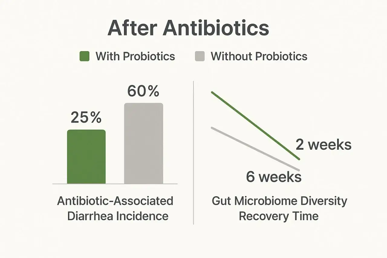 Po antybiotyku, probiotyk zmniejsza ryzyko biegunki (25% vs 60%) i przyspiesza regenerację mikrobiomu jelitowego.