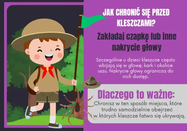 Zuch w lesie, jak chronić się przed kleszczami? Załóż czapkę, by chronić głowę i kark przed tymi pajęczakami.