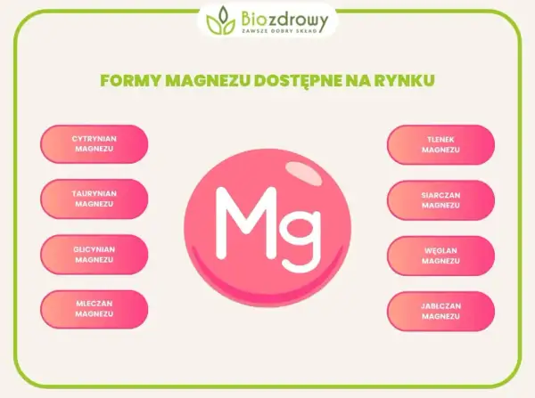 Różne formy magnezu: cytrynian, taurynian, glicynian magnezu, mleczan, tlenek, siarczan, węglan i jabłczan.