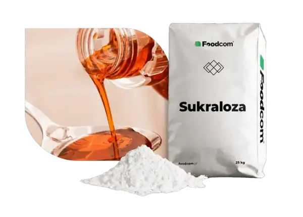 Płynna i proszkowa sukraloza obok worka z napisem "Sukraloza". Czy jest szkodliwa?