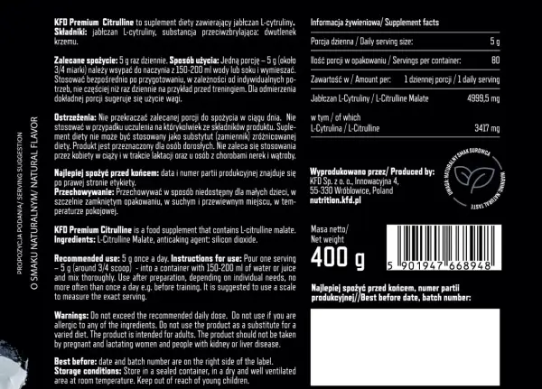 Suplement diety KFD Premium Citrulline zawiera jabłczan L-cytruliny. Cytrulina co daje? Wspiera regenerację i wydolność. 400g.