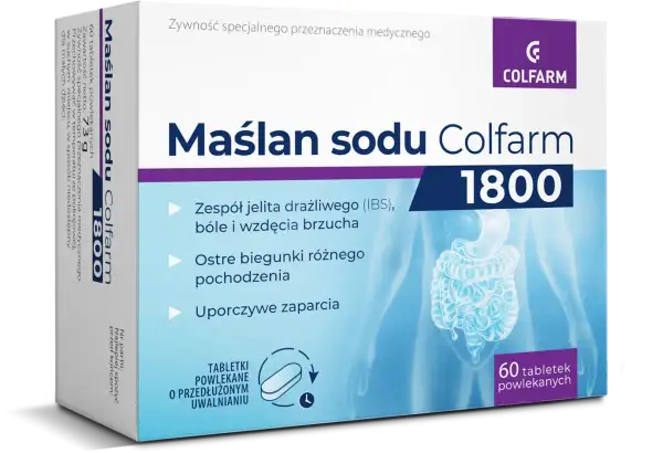 Maślan sodu Colfarm 1800 – wsparcie dla jelit, łagodzi objawy IBS, biegunki i zaparcia. Opakowanie 60 tabletek.